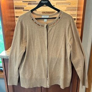 NWOT Christopher and Banks Tan Cardigan with Decorative Pearl Embellishment